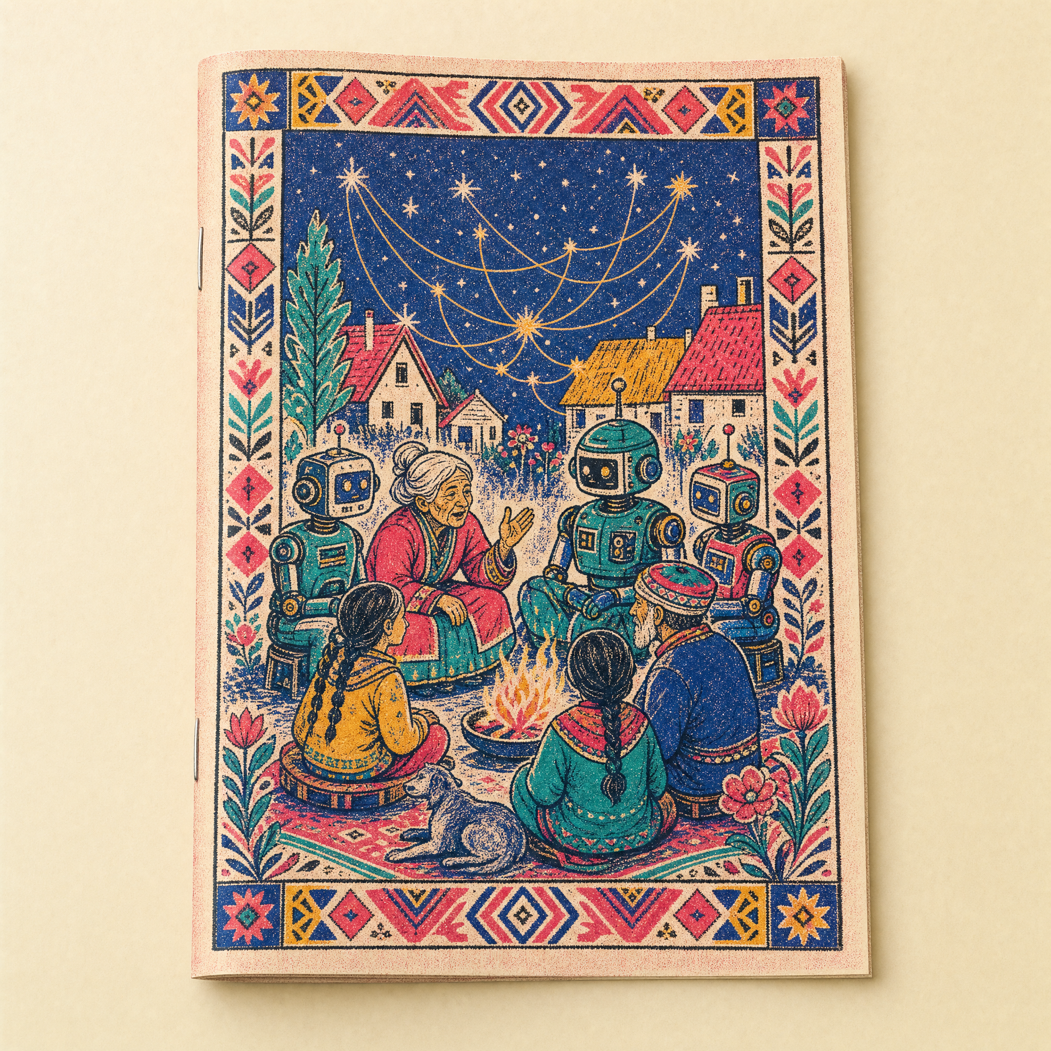 The Commons Zine · folk-pop booklet cover of a village telling stories to machines around a hearth