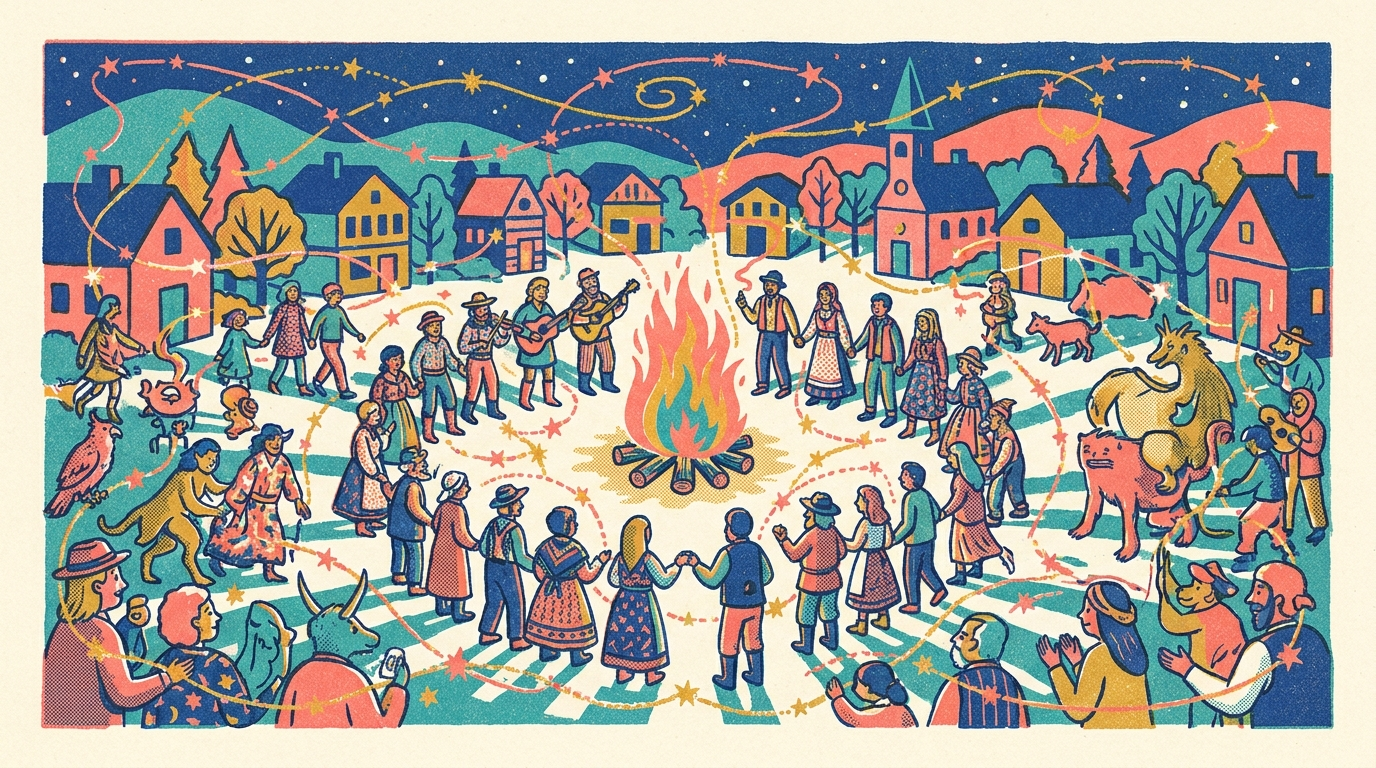 The Commons Kit · folk-pop risograph of the whole village gathered around the fire, threads of stars between them