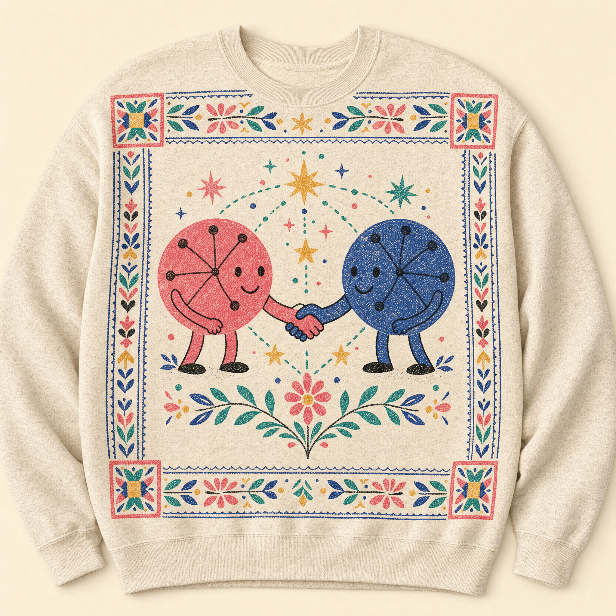 Peer-to-Peer Crewneck · oatmeal sweatshirt with two folk nodes shaking hands across the chest
