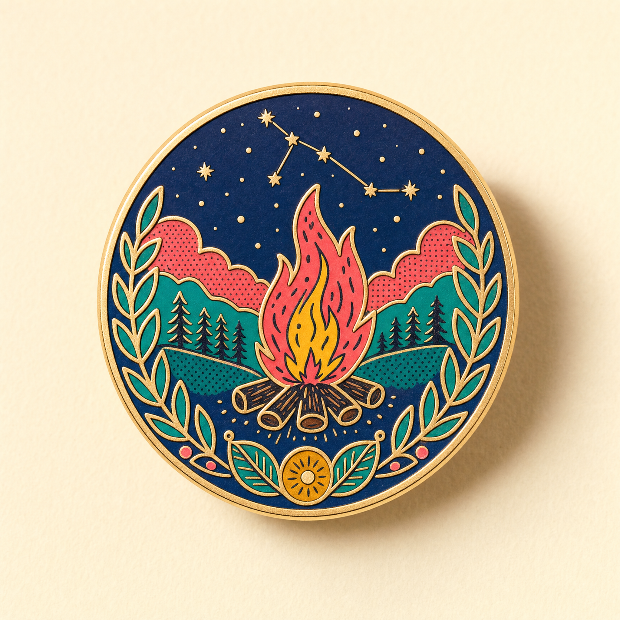 Founder's Pin · numbered first-100 hard-enamel pin of a folk hearth and constellation with a gold rim