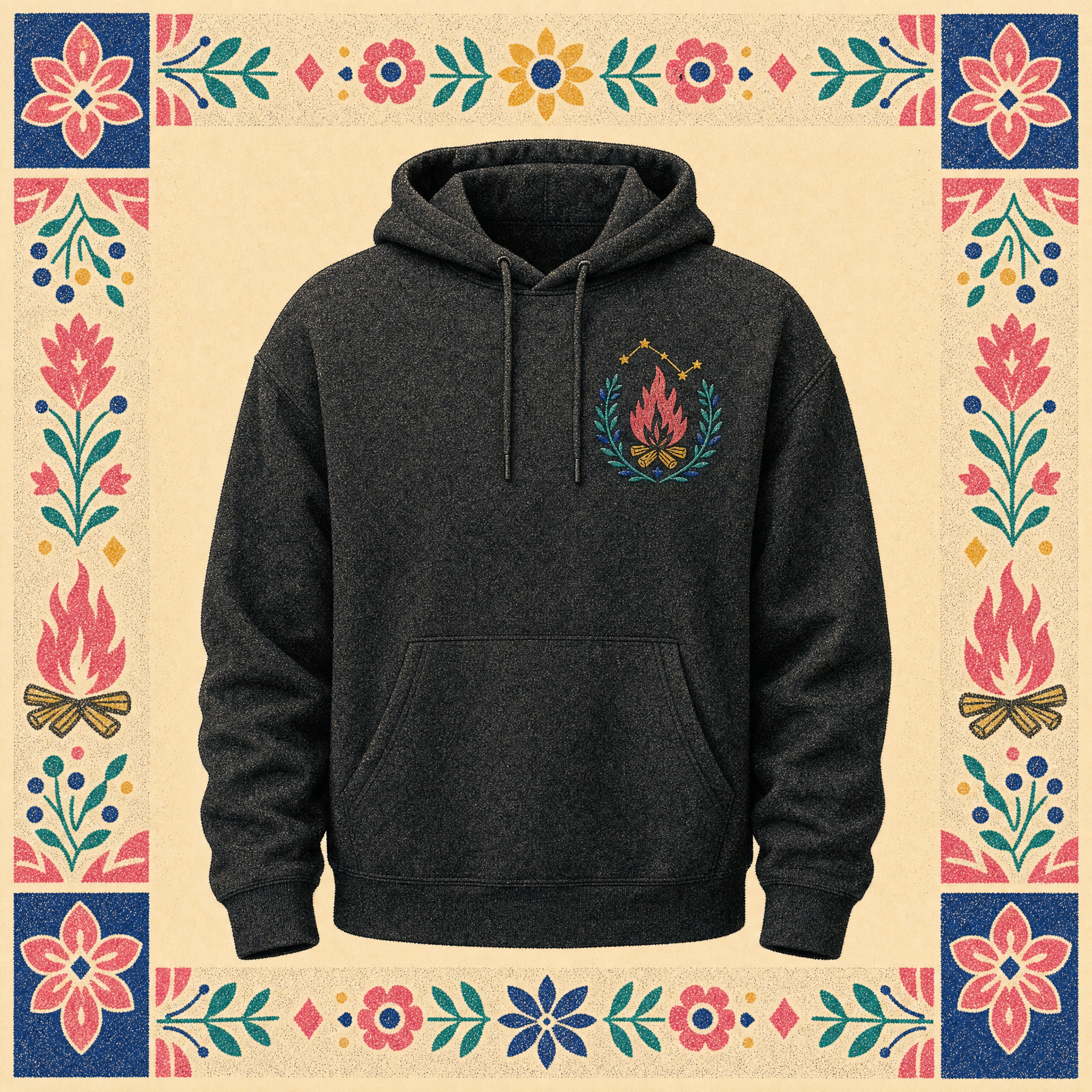 The Commons Hoodie · charcoal fleece with an embroidered folk hearth crest on the chest