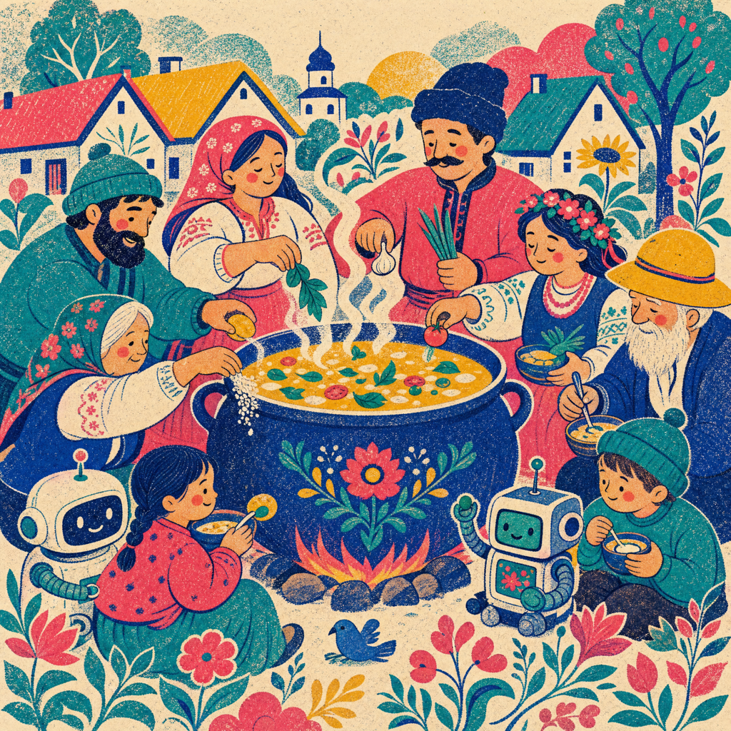 folk meme · villagers and robots sharing one cauldron