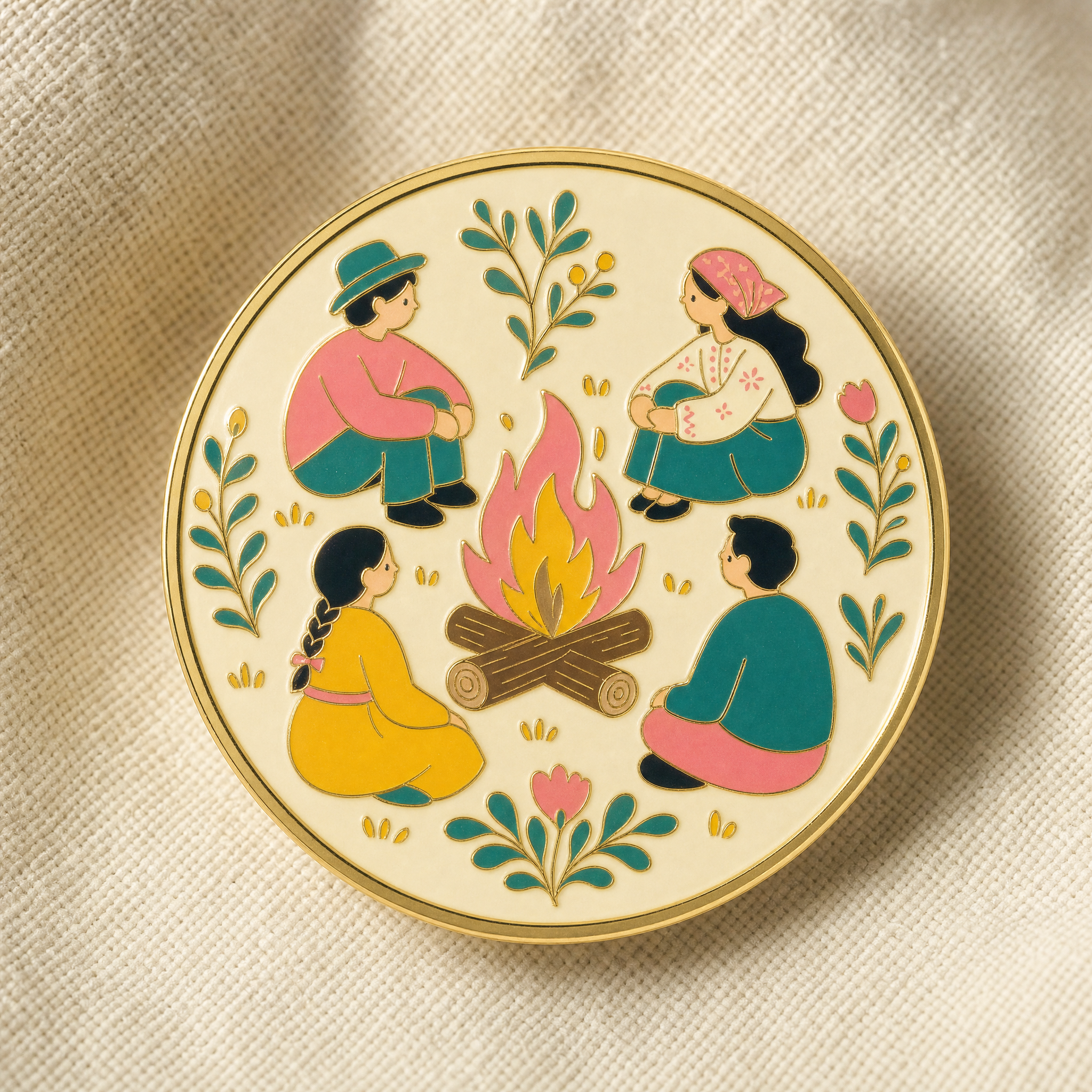 The Hearth enamel pin · folk-pop campfire and gathered folk, hard enamel, gold edges