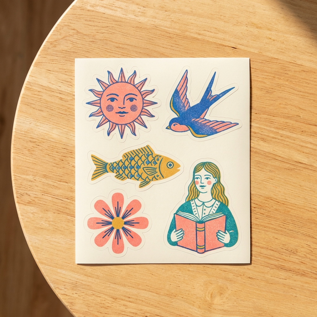 Folk-pop die-cut sticker sheet · sun, swallow, fish, flower, the teller