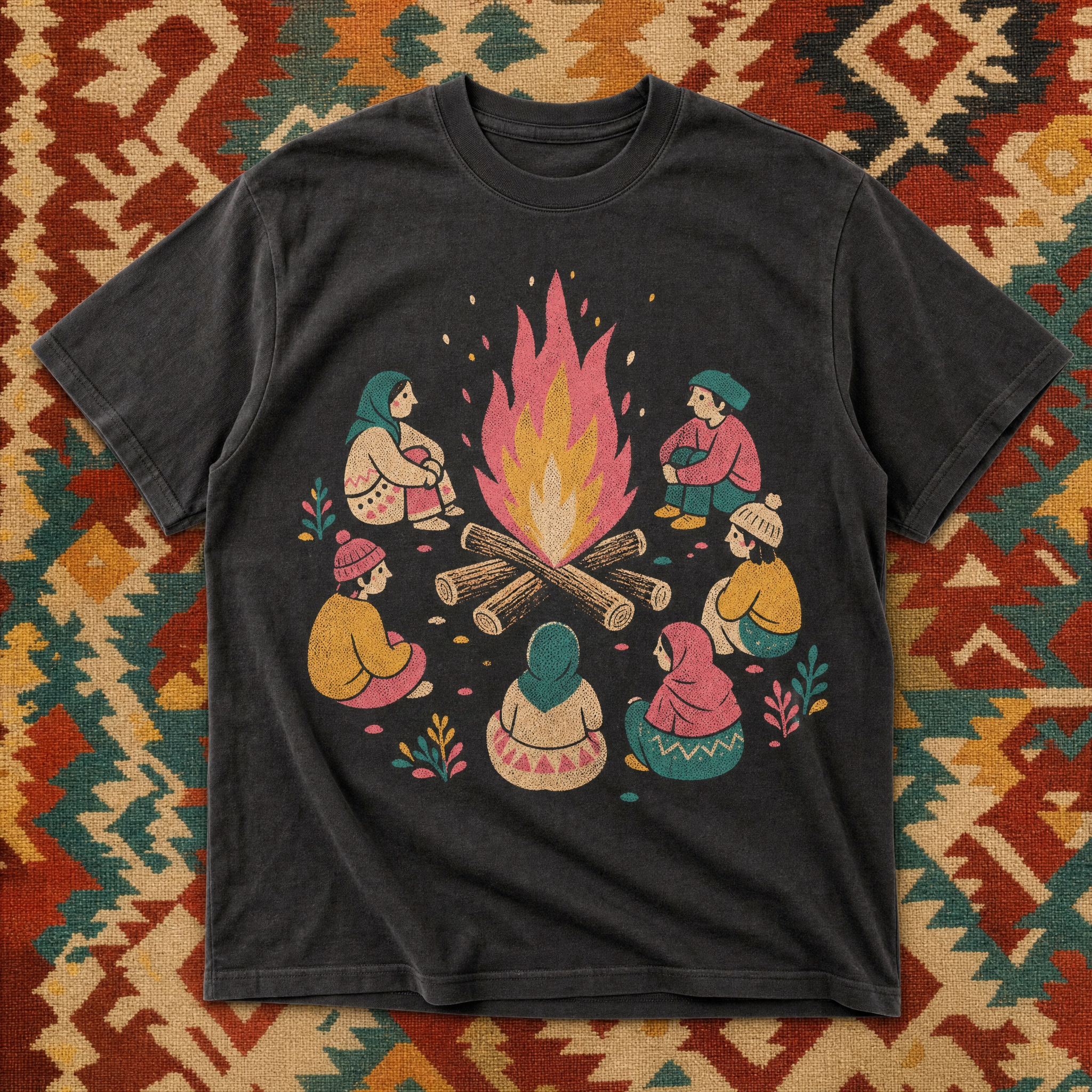 Never-Research-Twice tee · folk-pop campfire-and-gathered-folk print on charcoal cotton