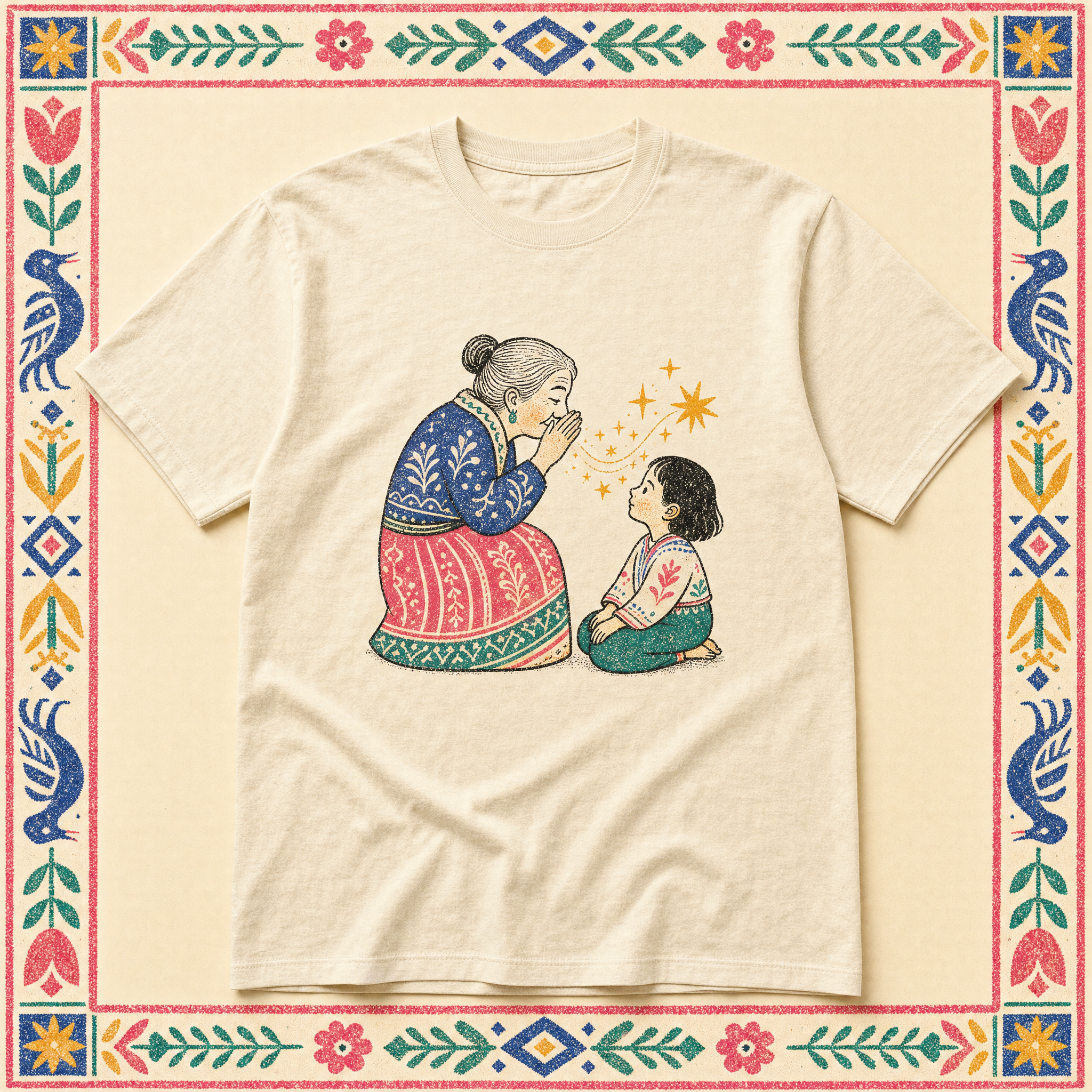 Mouth to Ear tee · folk-pop print of an elder whispering knowledge to a child on cream cotton