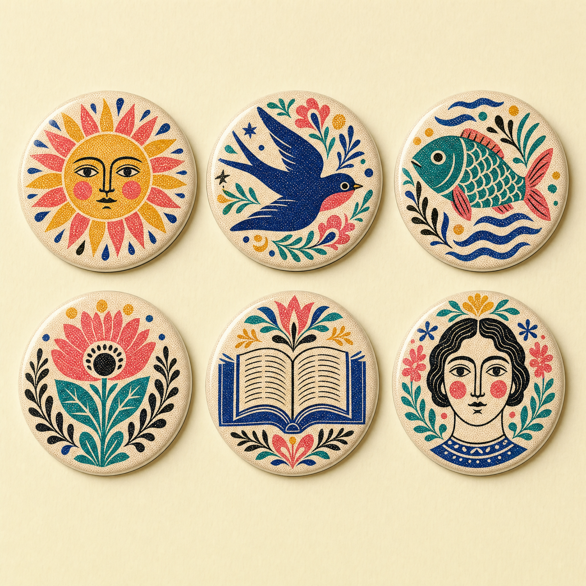 Node Magnet Set · six round folk story-node magnets: sun, swallow, fish, flower, book, and the teller