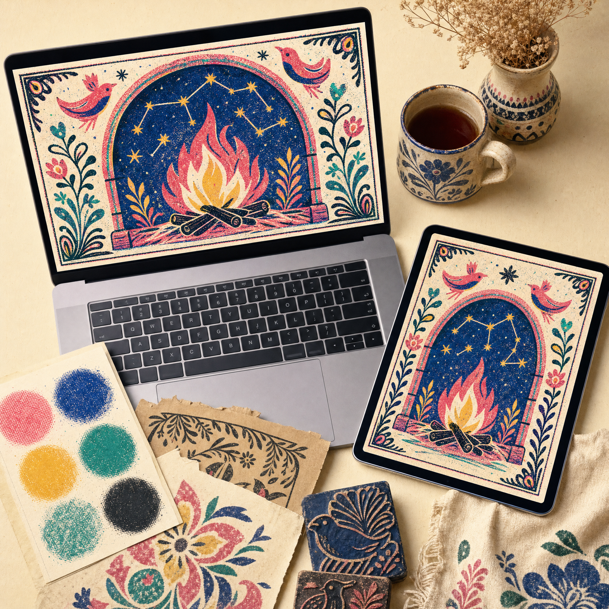 Risograph Texture Pack · laptop and tablet showing the folk hearth design with halftone and overprint texture swatches